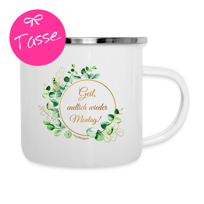 Produktbild weisse Emailletasse mit Design Montag